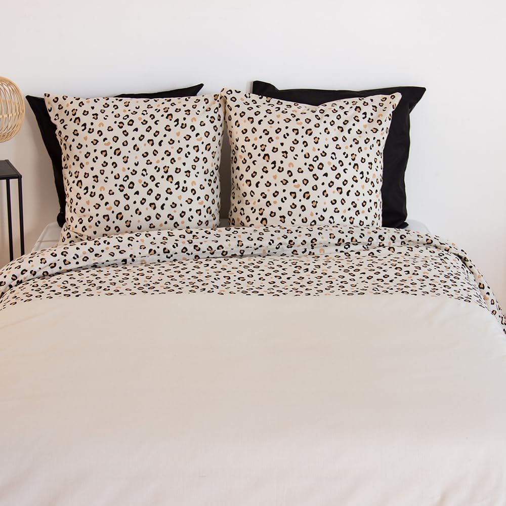 CÔTE DECO Parure de Lit 240x260cm Léopard Beige - Coton– 3 pièces | 1 Housse de Couette Adulte 240x260cm + 2 Taies d'Oreiller 63x63cm