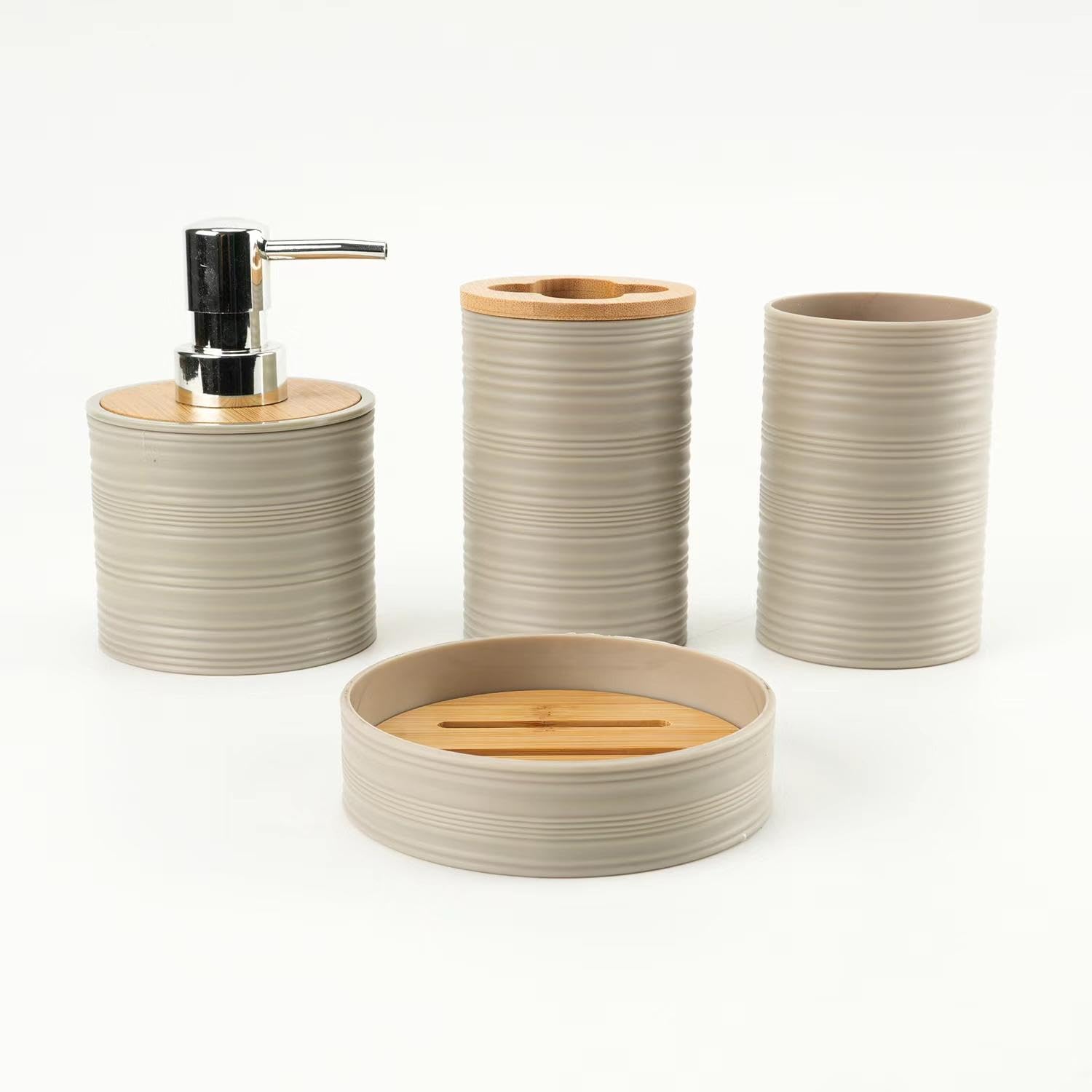 Juego de Accesorios de Baño 6 Piezas Plástico y Bambú Moderno de Artículos Esenciales para el Baño, Incluye Soporte para Cepillo de Dientes, Cubo de Basura, Escobilla y Dispensador de Jabón (Beige)