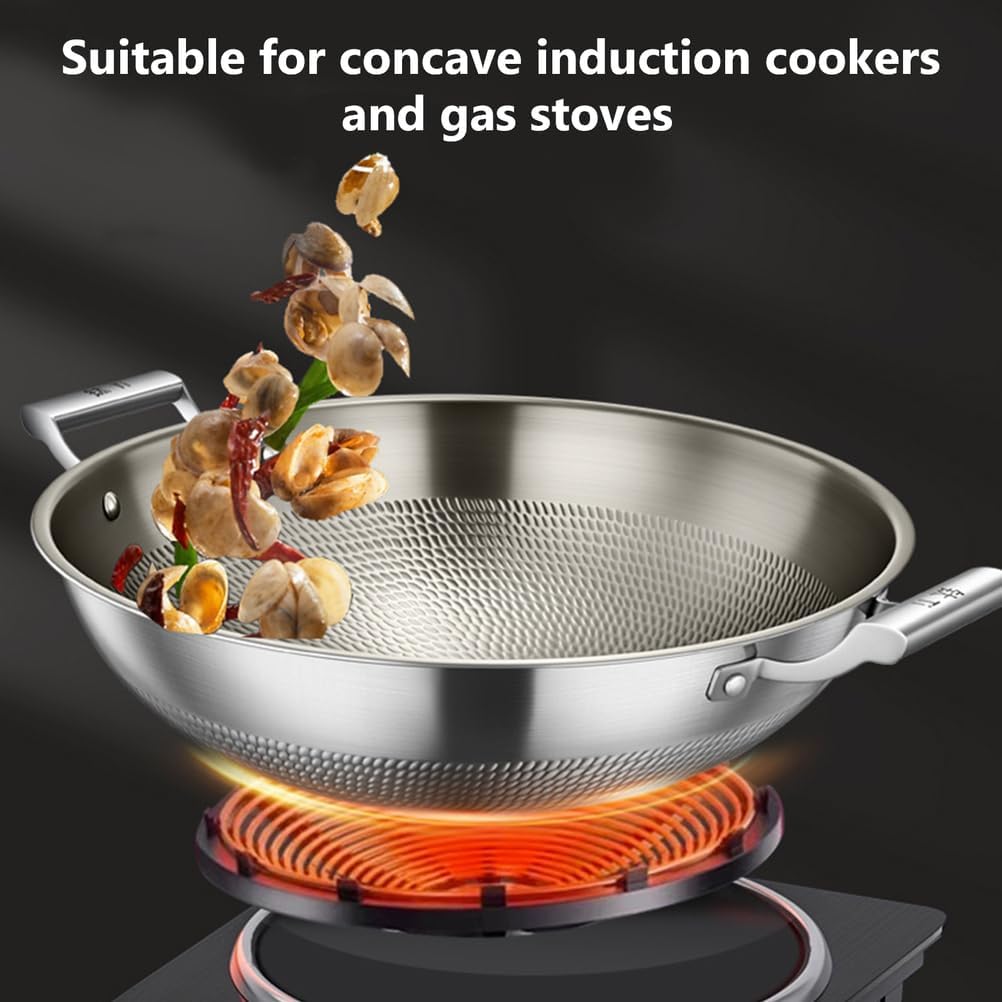 Titanium Hammered Wok with Double Handles, 2026 New Multifunctional Ultra-Durable Scratch-Resistant Non Stick Even Heating Titanium Wok for Cooking,With lid,17.72IN