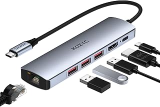 USB C Hub Ethernet Multiport Adapter, KOZYC 6 in 1 USB C to HDMI Dock with HDMI 4K 60Hz, 1Gbps RJ45 Ethernet, 3 USB 3.2 Data Ports, 100W PD Compatible with MacBook Air/Pro, XPS13/15, Dell