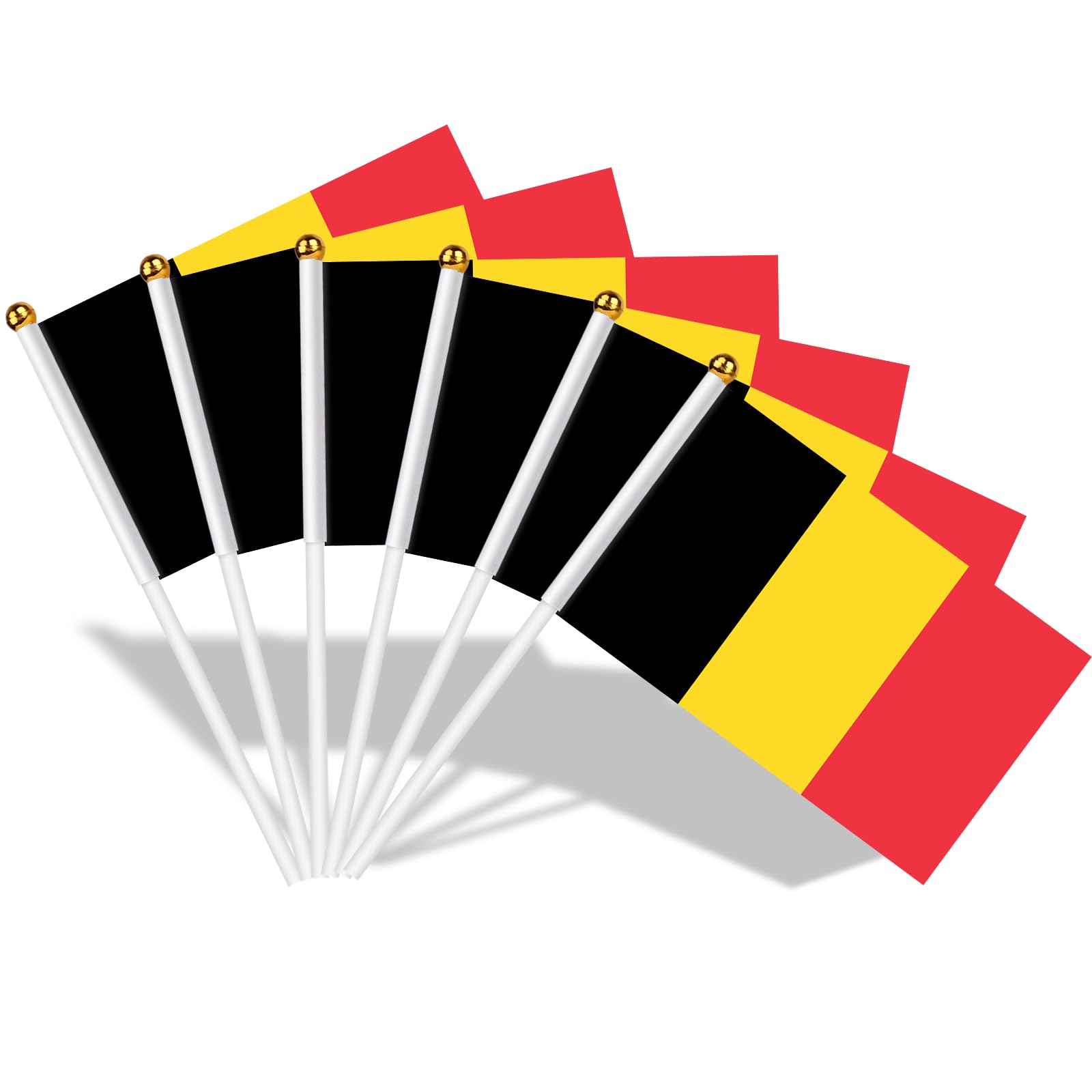 AhfuLife 30pcs Belgium Flags on Sticks for Party Decorations 14 x 21cm Hand Held Belgian Small Flags with 30cm White Pole for National Day World Cup Euro Football Garden Street Home Decorations