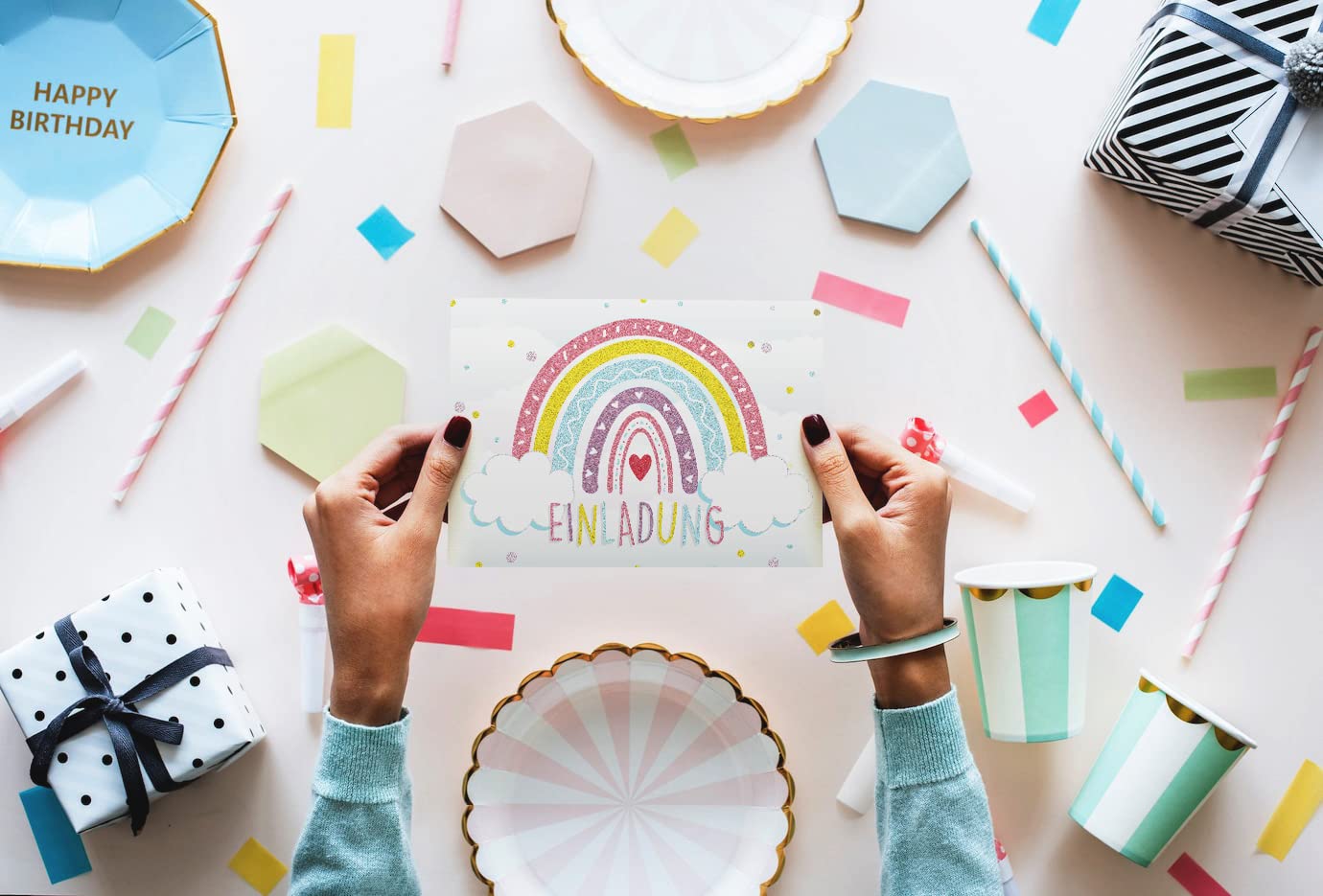 Regenbogen Einladungskarten Für Kindergeburtstage – 12-teiliges Set Mit Kuverts & Gratis Aufklebern