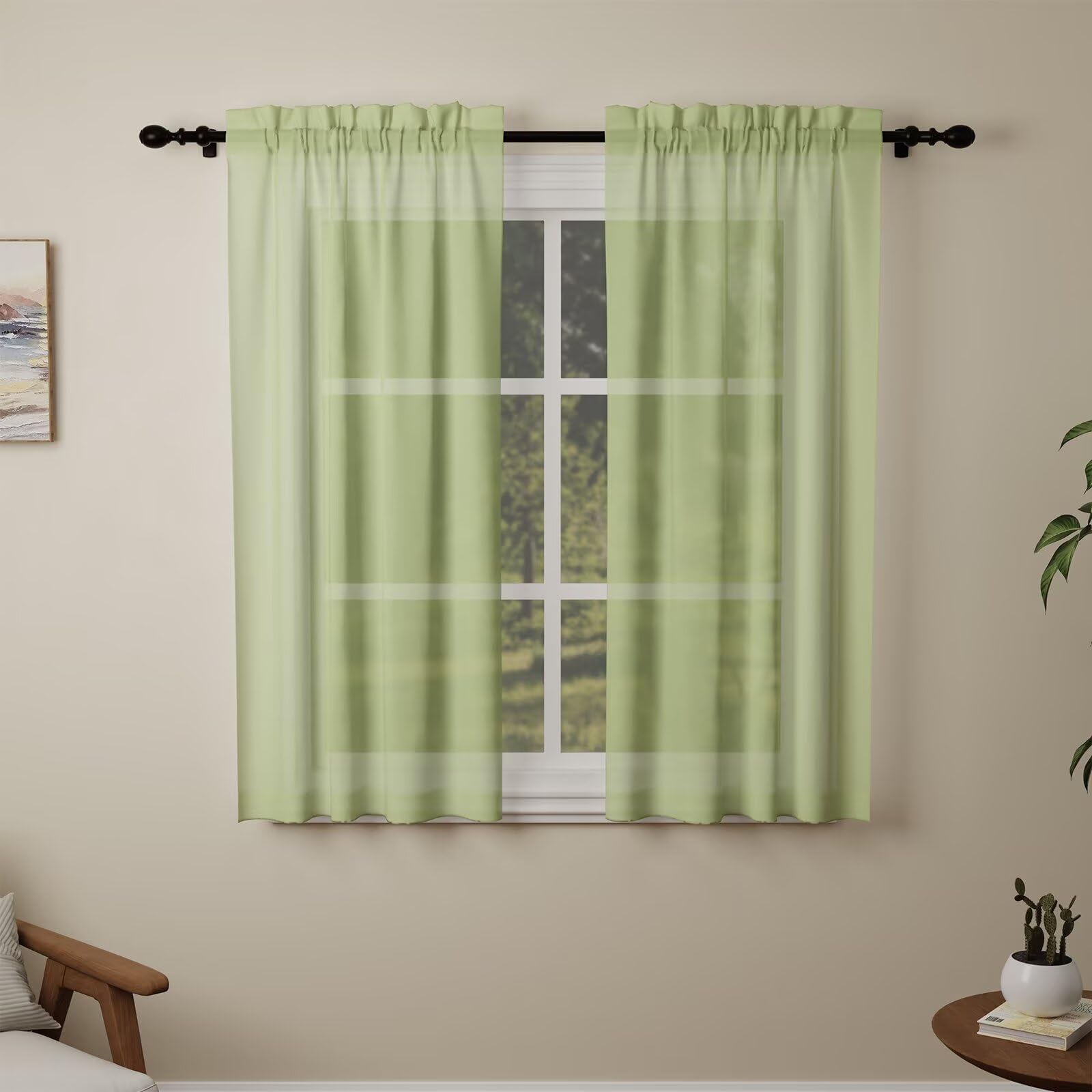 Pacok Green Voile Curtains, 54 Drop 2 Panels Net Curtain for Windows, Rod Pocket Sheer Curtain Panel Voile Curtains for Living Room Kitcken Bedroom W56xL54 Inch(Green, 142 x 137cm)
