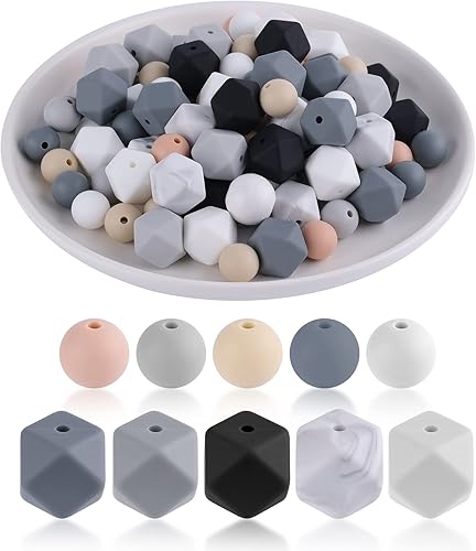 Miniatura 1 de SAVITA 100 cuentas redondas de silicona de 0.472 in, cuentas hexagonales de 0.555 pulgadas, cuentas de silicona a granel para hacer llaveros, joyas,