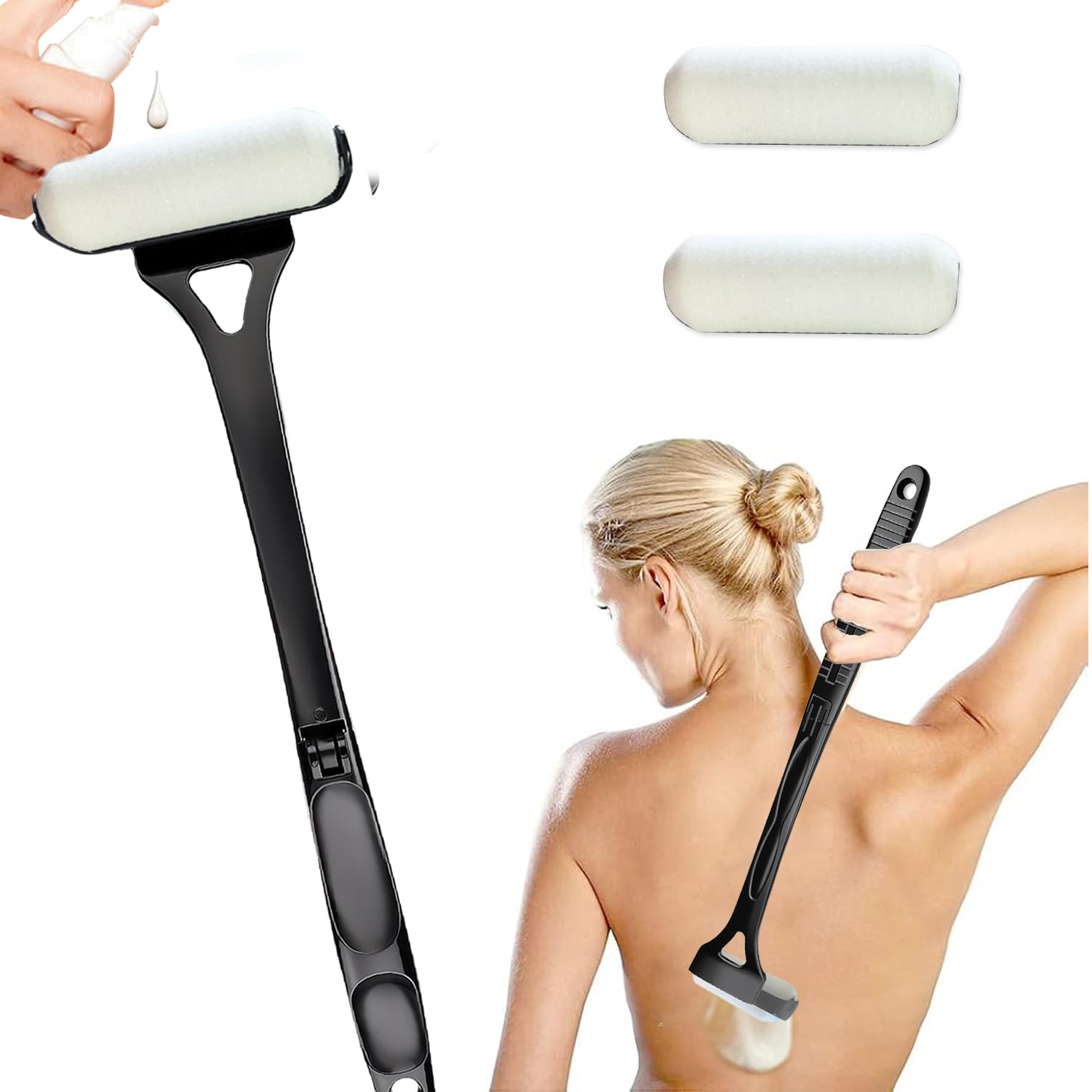 Lotion Applicator Black, Long Handle Lotion Applicator for Back Folding Handle with 3 Reusable Foam Rollers