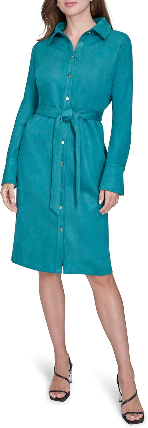 H Halston Womens Long Sleeve Collared V-Neck Button Front Belted Shirt Dress