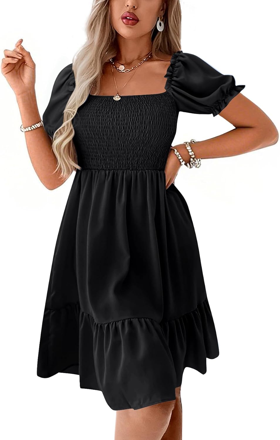 LYANER Women's Square Neck Shirred Puff Sleeve A Line Ruffle Tiered Casual Mini Dress - Image 3