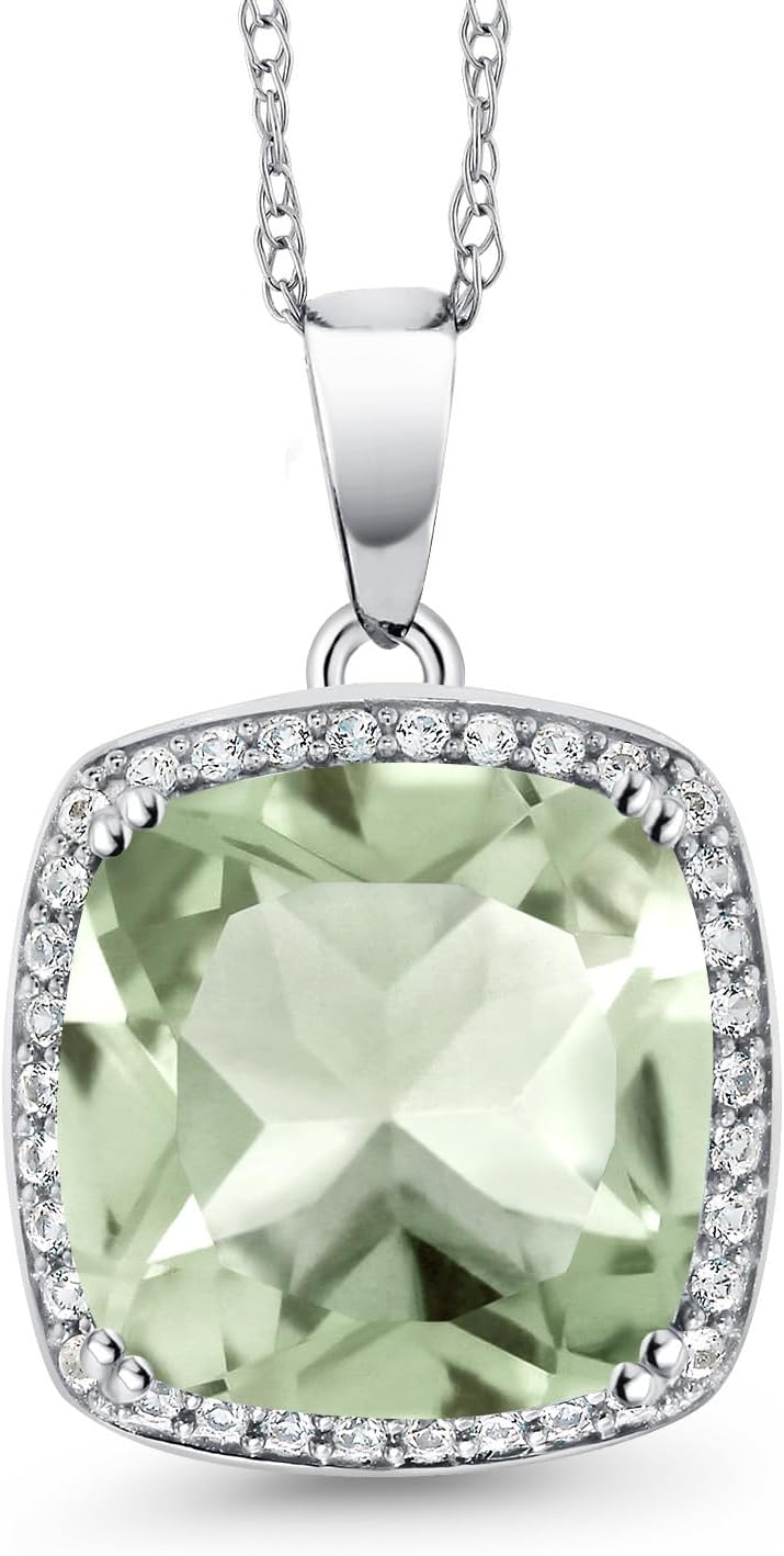 Gem Stone King Halo Pendant Necklace for Women | Solid 10K Gold | 12MM Cushion Cut Gemstone Birthstone and White Created Sapphire | Gold Necklace For Women | With 18 Inch Gold Chain