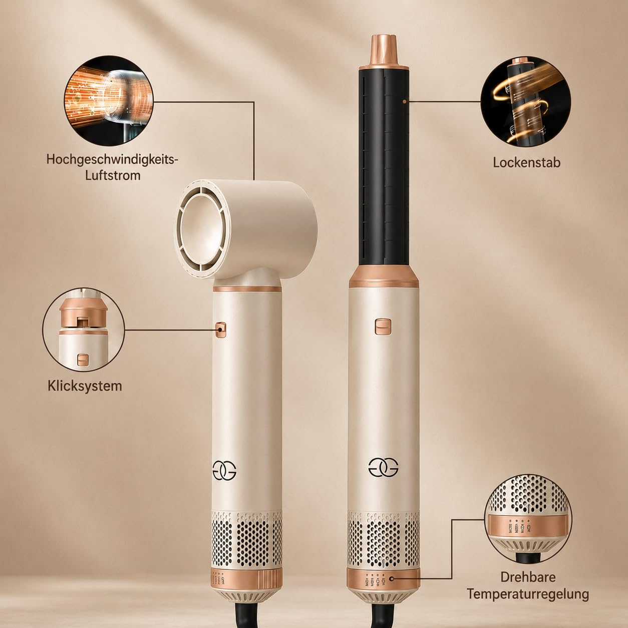 Airstyler 5-in-1, Multifunktionaler Hairstyler Set mit Warmluftbürste, Ionen Föhn, Professioneller Haar styler, Lockenstab Automatisch, Volumen Föhnbürste, Glätten und Locken, Zum Styling