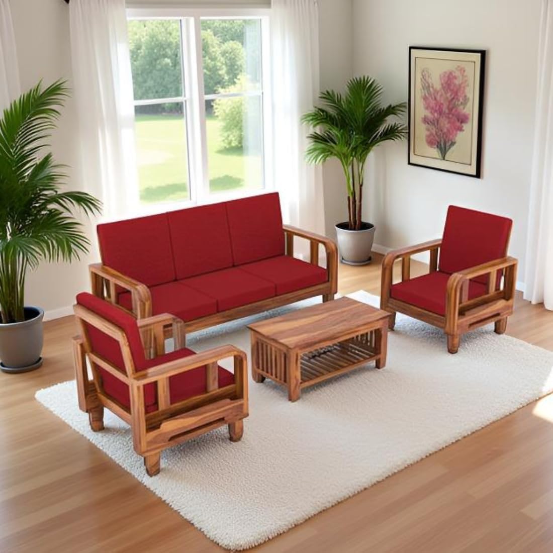 - Solid Sheesham Wood Sofa Set with Cushions for Living Room, Bedroom, Hall, Home, Office & Hotels/Wooden Sofa Set with Comfortable Seating (Honey with red Cushioned, 5 Seater)