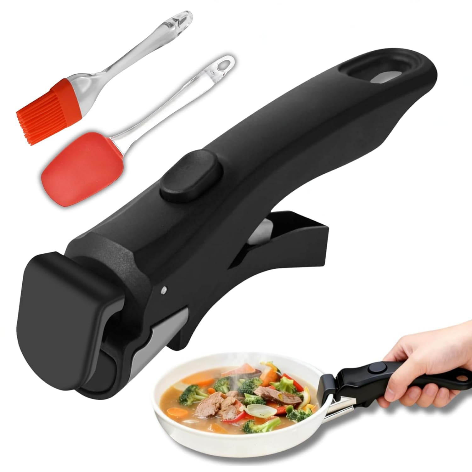 Detachable Pot Handle for Cookware| Removable Cookware Handle for Pots & Pans| Heat Resistant Anti-Slip Clip Grip| Kitchen Hot Vessel Holder Replacement| Oil Brush and Spatula Set for Home Uses(Black)-image-12