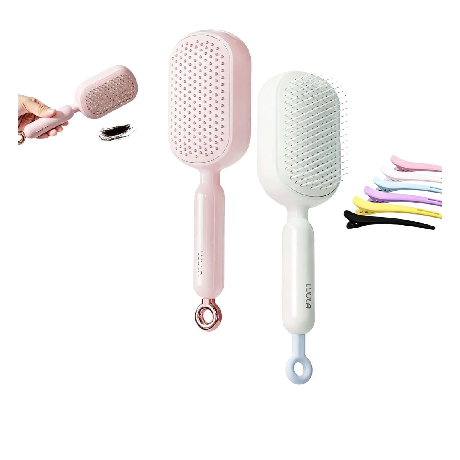 Cepillo de pelo con cojín de aire autolimpiante, peine de masaje para desenredar el cuero cabelludo con pinzas para todo tipo de cabello (2 paquetes, rosa)