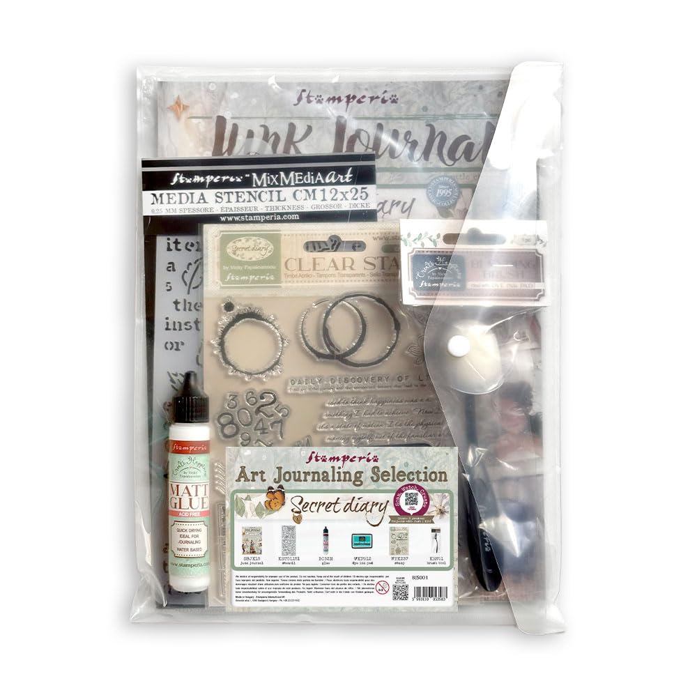 Stamperia - Art Journaling Selection with Junk Journal, Stamp, Ink Pad, Stencil, and Tools Including Tutorial by Vicky Papaioannou. Perfect Set for Card Making, Journalling and Crafts (Secret Diary)