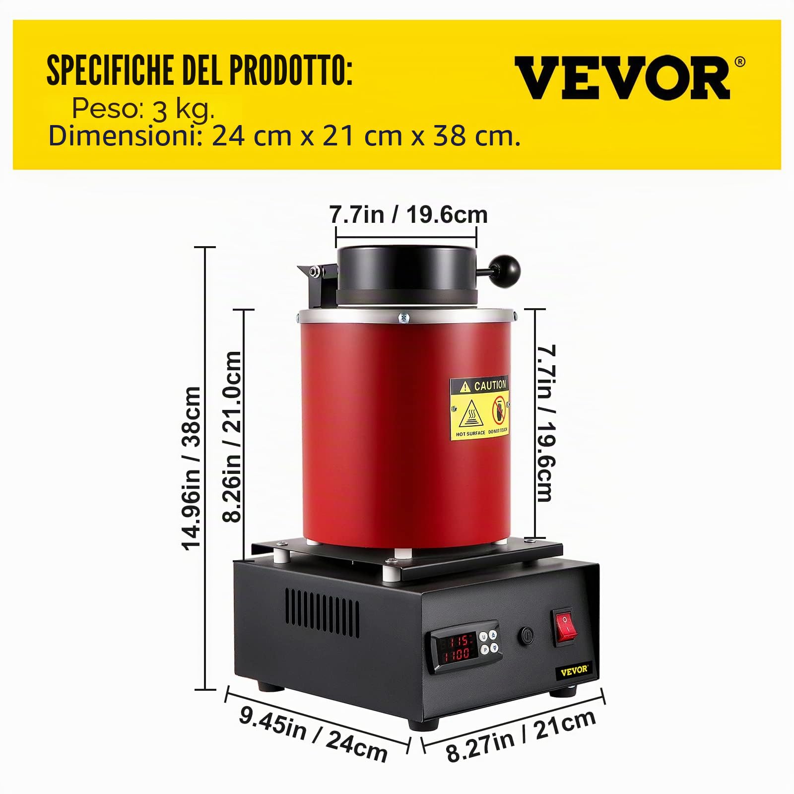 VEVOR Forno di Fusione per Oro 1350 W, Temperatura Max. 1150 ℃, Forno Fusorio Elettrico con Crogiolo in Ceramica da 3 kg, Matrice per Lingotti e Guanti, per Lavorazione di Oro, Argento