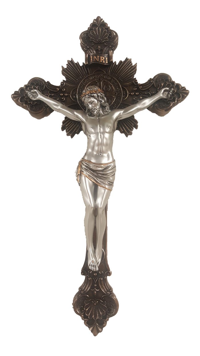 CatholicStore 14" St. Benedict Crucifix, Bronzed Resin w/Pewter Finish Figure