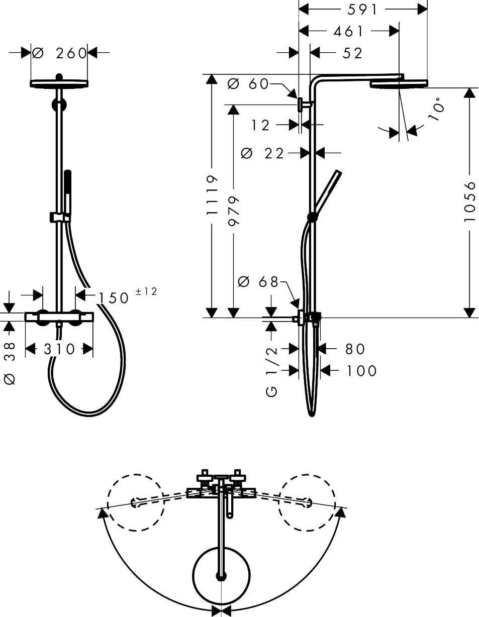 hansgrohe Pulsify S Puro - Colonne de douche avec mitigeur thermostatique, douche pluie (260mm) avec robinet, douchette, support, flexible, barre et douche de tête ronde, Bronze brossé, 24222140