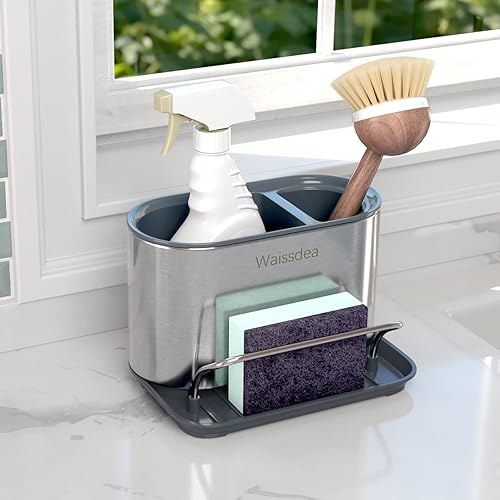 Miniatura 3 de Dispensador de jabón para fregadero de cocina, organizador de fregadero de cocina, soporte de esponja de acero inoxidable, fácil de limpiar, bandeja