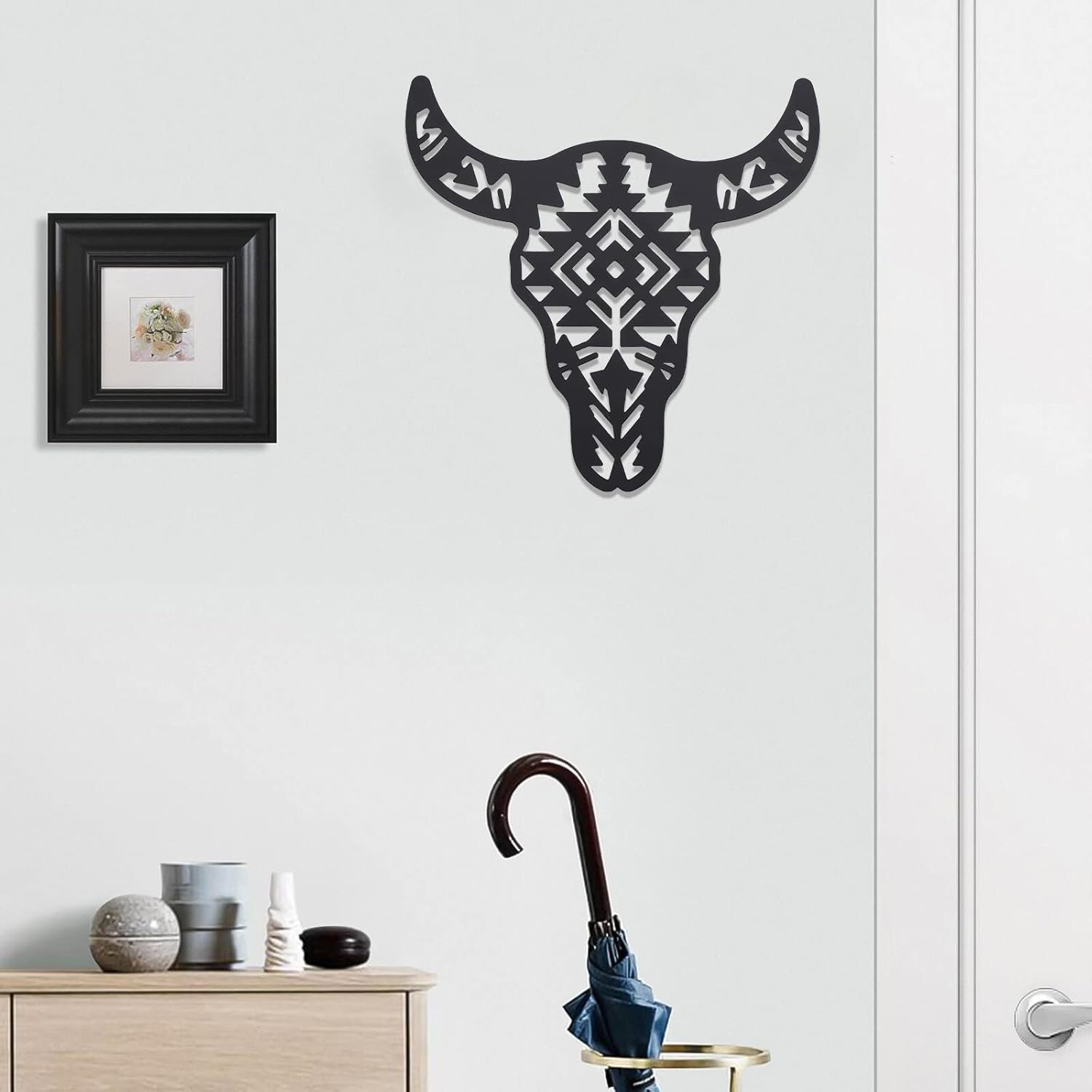ORIGACH Black Metal Western Cow Skull Art Decor Cool Wall Hanging Western Rustic Metal Bull Head Wall Sculptures Decor for Living Room Bedroom Kitchen Garden Gift Idea, 12 inch