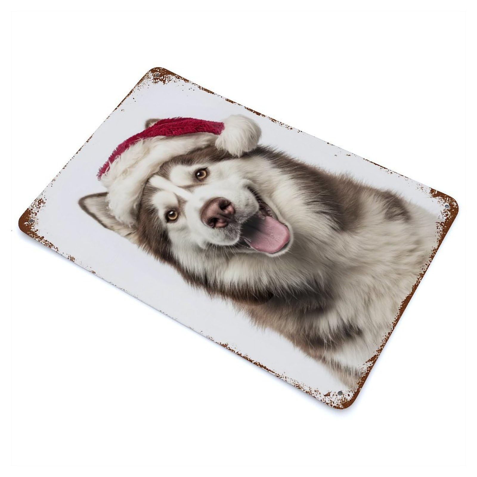 Rust Effect Siberian Husky Dog with Santa Hat Distressed Metal Wall Sign 11.8"x7.9", Decorative Metal Wall Art for Living Room, Hallway And Home Decor