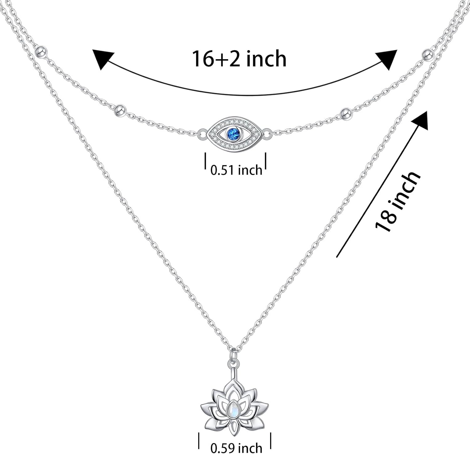 925 Sterling Silver Evil Eye Double Layered Necklace Adjustable Multilayer Long Chain Lotus Moonstone Pendant Necklace Jewelry Gift for Women - Image 5
