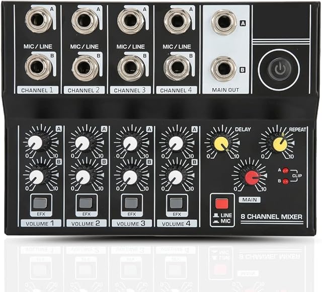 Professional Audio Mixer, Portable 8Channel Input Stereo Audio Mixer Sound Board Console Microphone Amplifier Console for Studio, Podcasting