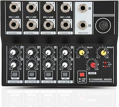 Professional Audio Mixer, Portable 8 Channel Input Stereo Audio Mixer Sound Board Console Microphone Amplifier Console for Studio, Podcasting