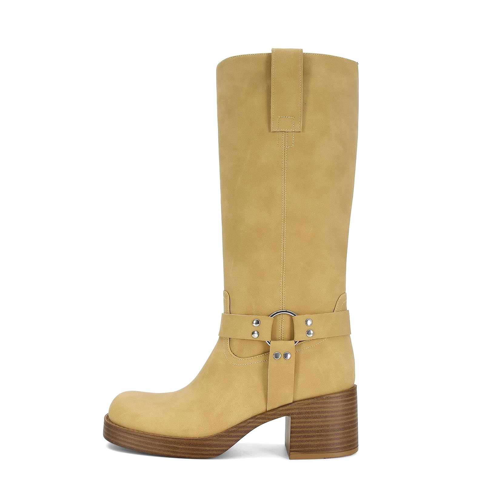 Womens Knee High Riding Boots Round Toe Block Heel Fashion Motorcycle Booties Side Zipper Wide Calf Biker Riding