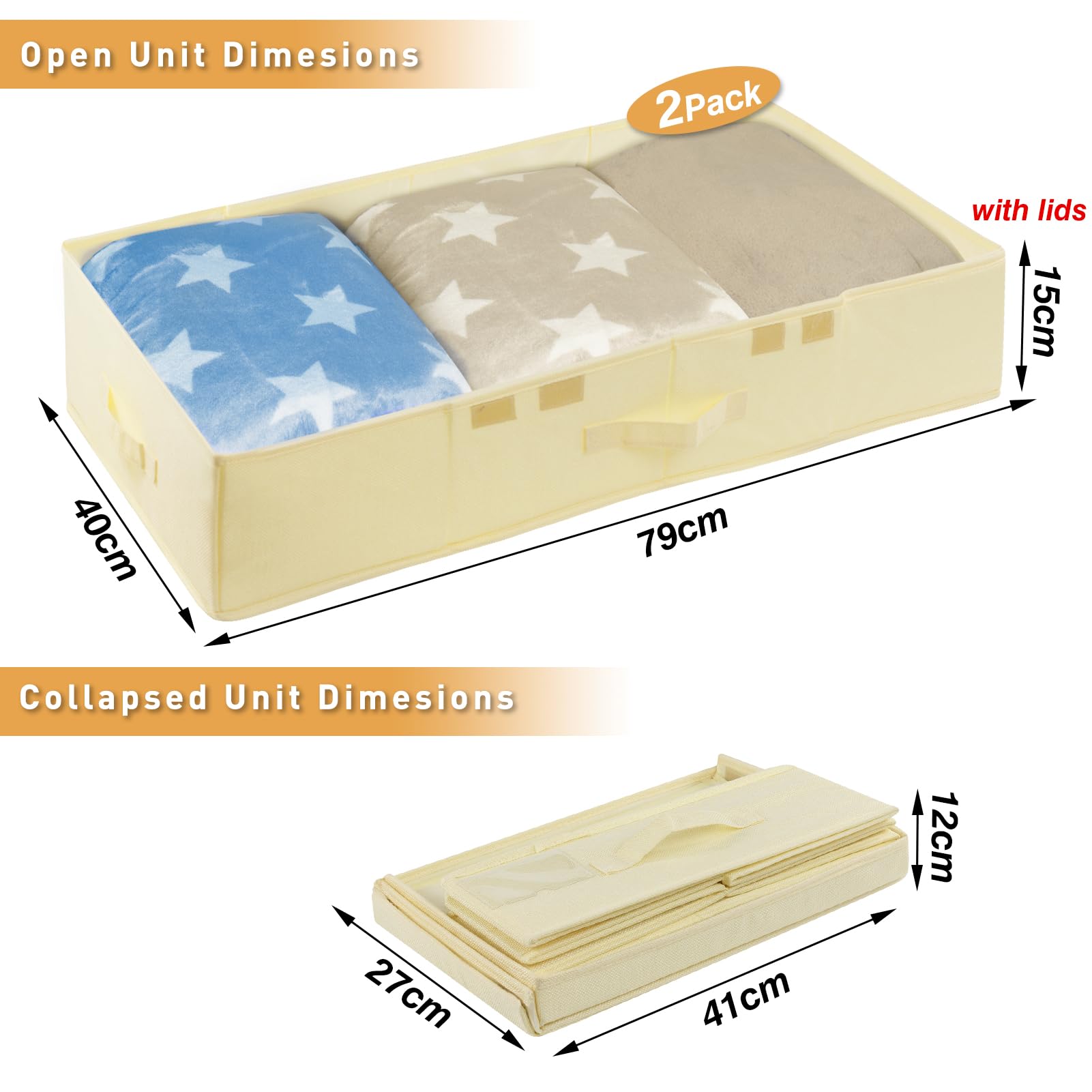 JUPELI Scatola portaoggetti da mettere sotto il letto, con coperchi, pieghevole, con maniglia, per riporre vestiti, coperte, scarpe, 2 pezzi (beige)
