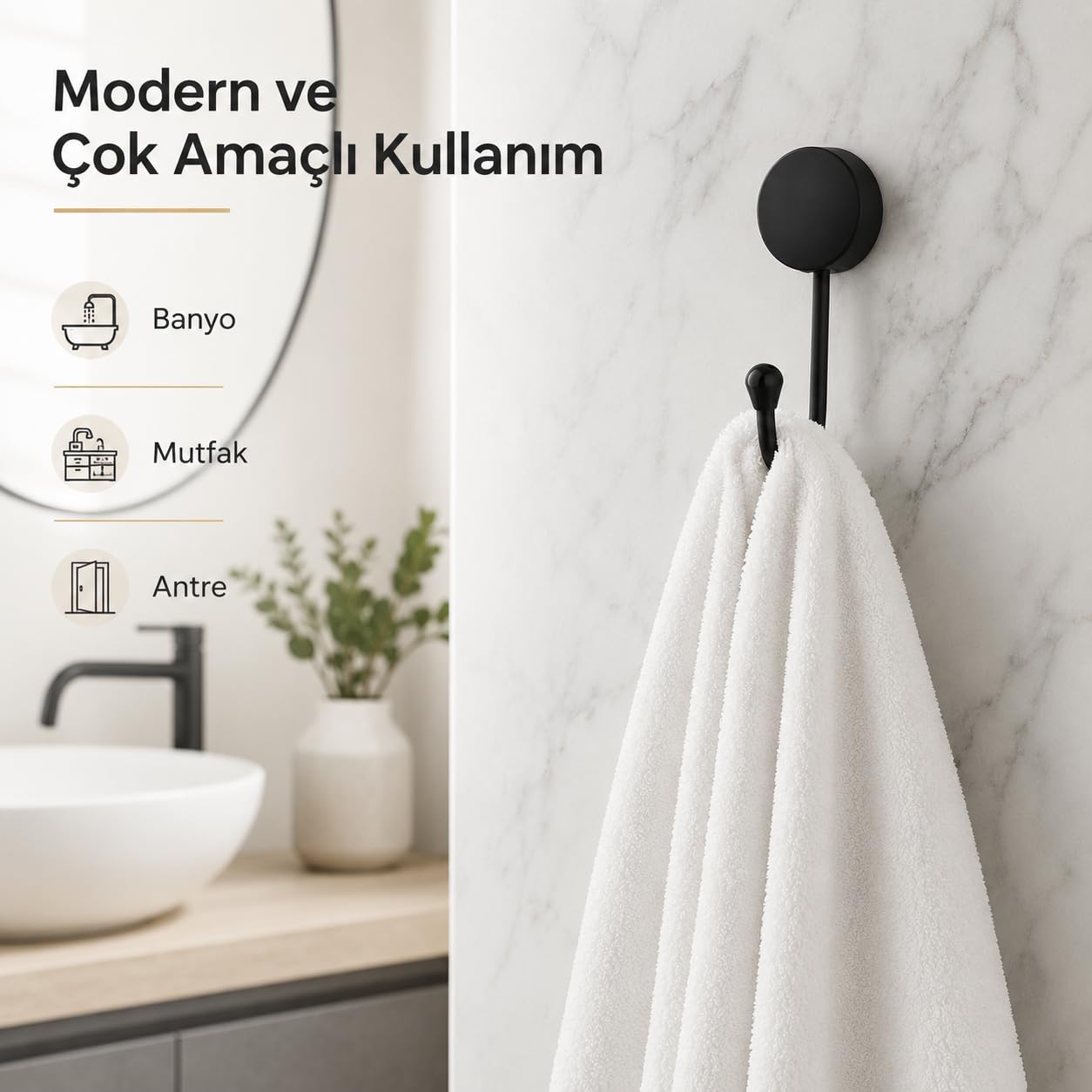Alper Banyo Lotus Siyah Tekli Askılık, Yapışkanlı ve Vidalı Montajlı Duvar Askısı, Mat Siyah Statik Boyama, Banyo Mutfak ve Antre İçin Çok Amaçlı Askı