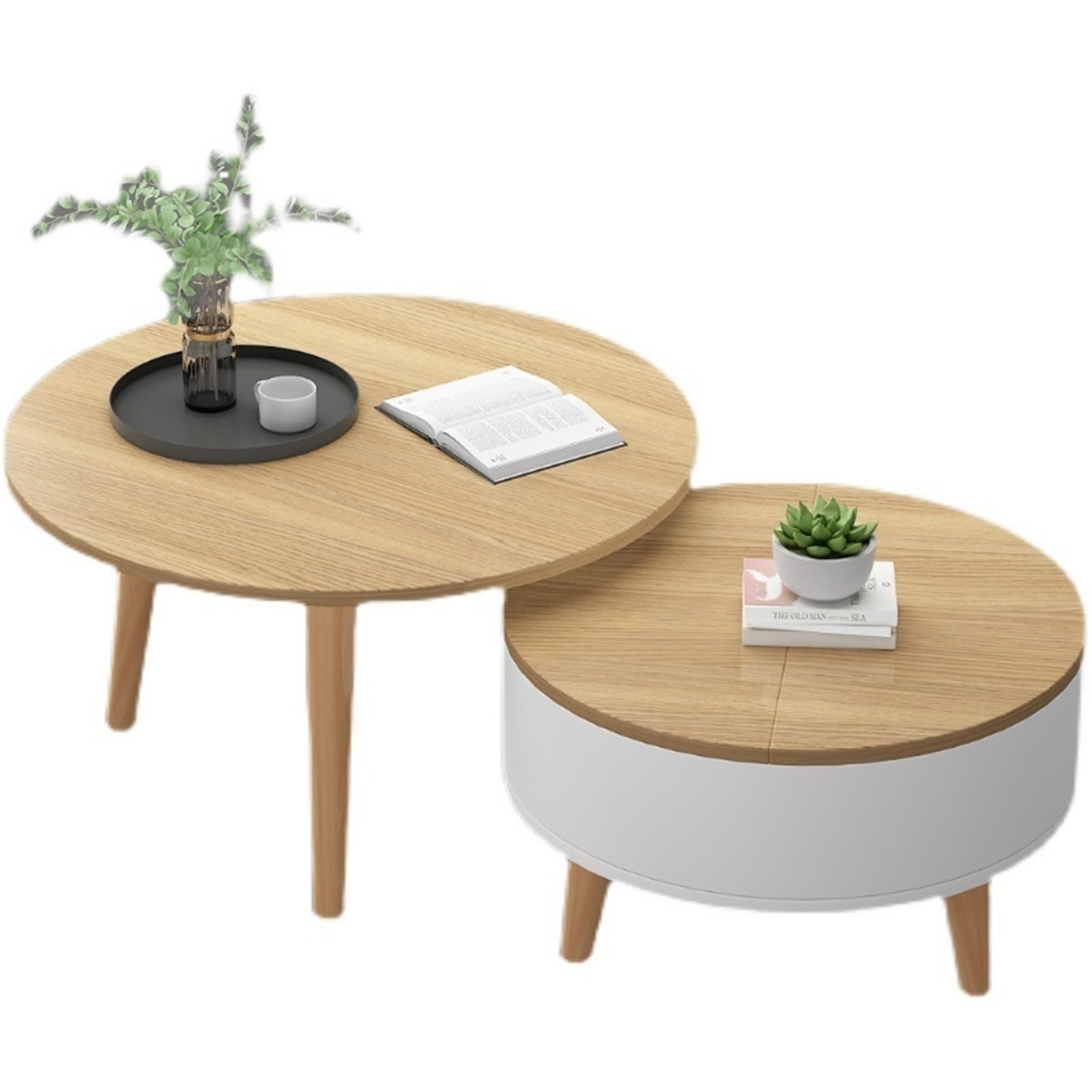 Mesa Auxiliar, combinación de Mesa de 70/60 cm y Armario de 50 cm, Mesa Auxiliar for sofá, mesas de Centro, for Sala de Estar, Dormitorio, mesita de Noche(60 Walnut+50 White)