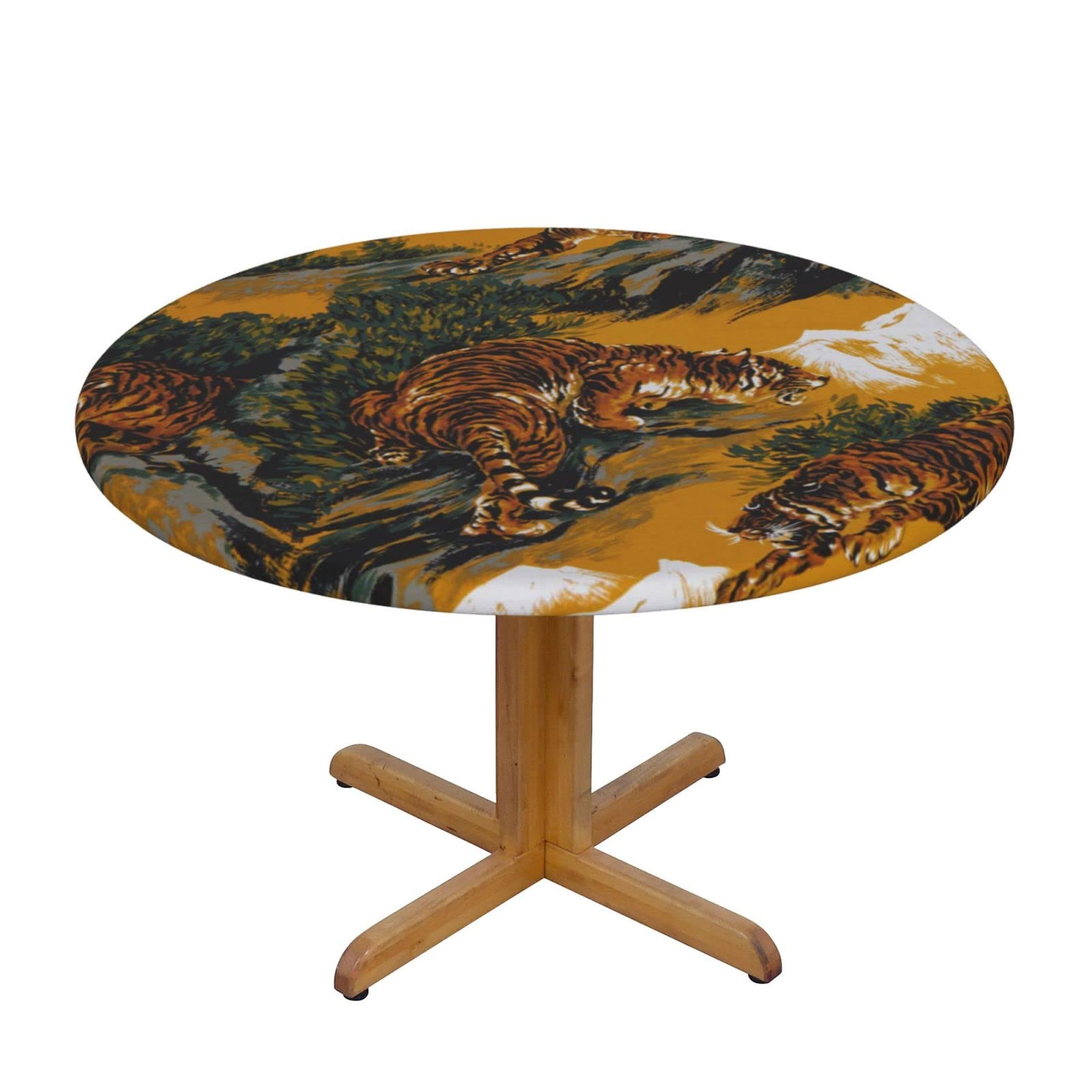 Lsjuee Round Fitted Tablecloth 40-44in Elastic Edged Table Cloth for Kitchen Dining Party Home Decor - Tiger Wild Animal
