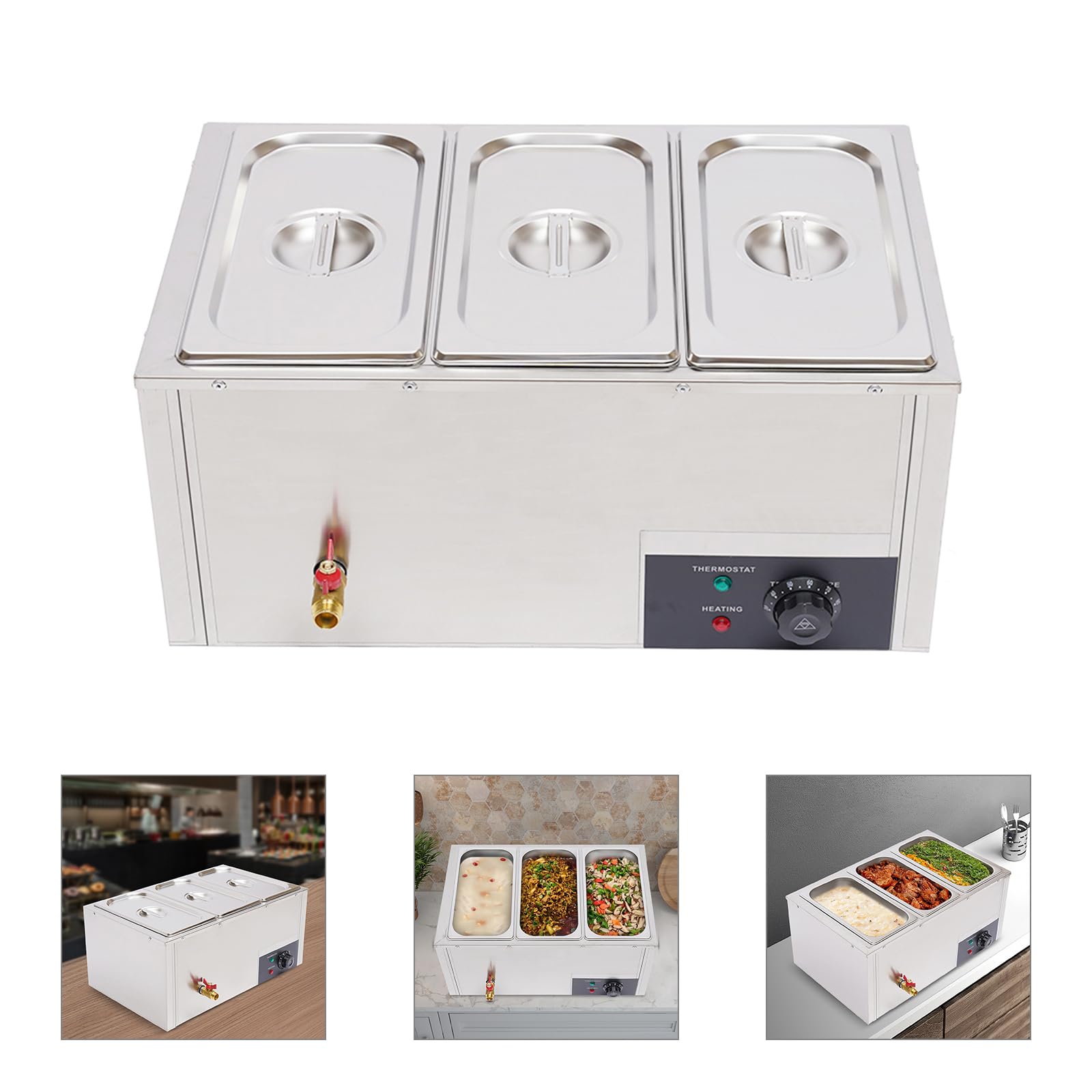 Chauffe-buffet en acier inoxydable avec couvercle, Chauffe Plat, restauration avec récipient 3 x 7 l - Réchauffeur électrique - 850 W