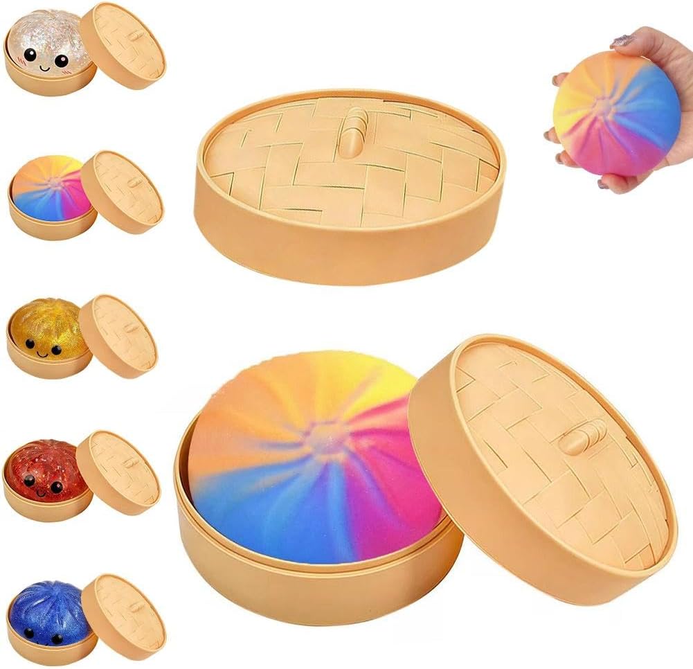 Colorful Dumpling Squishes Stress Balls with Steamer, Cute Anxiety Relief Toy, Soft Squeeze Decompression Dough for Adults, Simulation Food Squishies Bun (Rainbow, 1pcs)