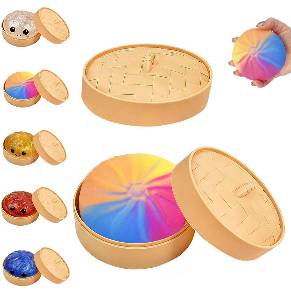 Colorful Dumpling Squishes Stress Balls with Steamer, Cute Anxiety Relief Toy, Soft Squeeze Decompression Dough for Adults, Simulation Food Squishies Bun (Glitter White, 1pcs) — view 15