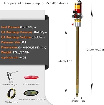 Grease Pumps with 16ft Tubing, Universal Grease Gun, Drum Cap,Pneumatic Grease Pumps for 55 Gallon Drums, Platen, Grease Pumps with 0.85L/min Discharge, Pressure Ratio 50:1