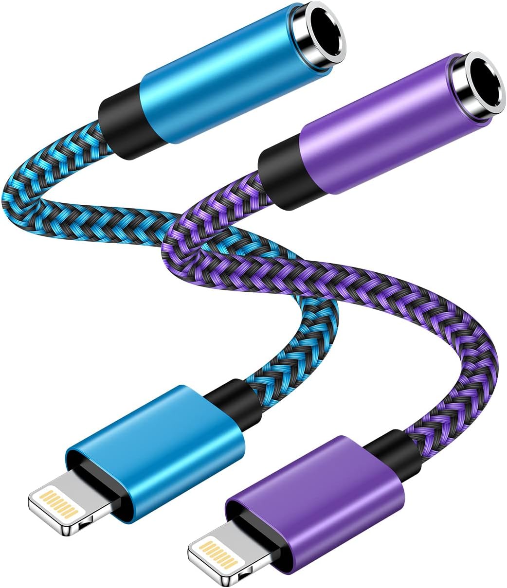 iPhone Headphone Adapter, 2Pack Apple Dongle Lightning to 3.5mm Jack Converter Braided Audio Aux Cord Earbuds Splitter Adaptor Compatible with iPhone 14 13 12 11 Pro Max X XR XS SE 8 7 Plus iPad iPod