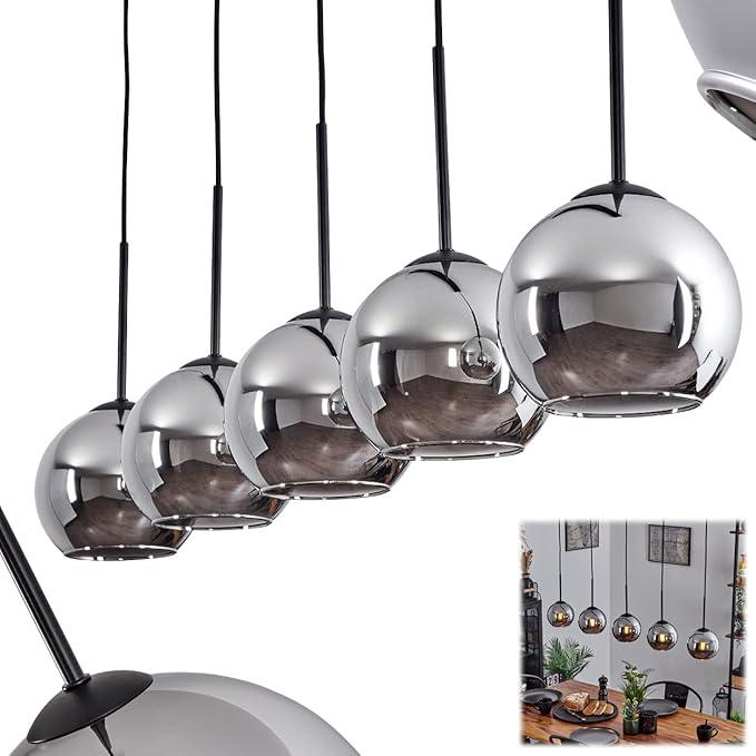 hofstein Koyoto hanglamp, metaal/glas hanglamp in zwart/chroom, 5-lamps lamp in vintage/retro design met glazen kappen (Ø 15 cm), hoogte max. 147,5 cm, 5 x E27, gloeilampen niet inbegrepen
