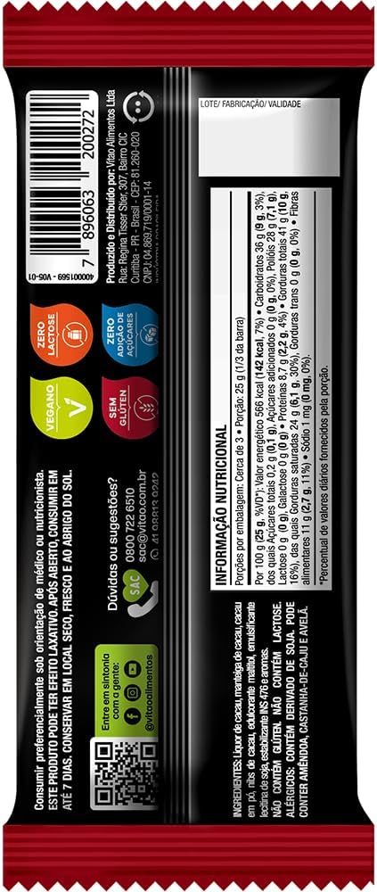'Chocolate Vitão Dark 70% Cacau Nibs de Cacau Zero Açúcar 70g