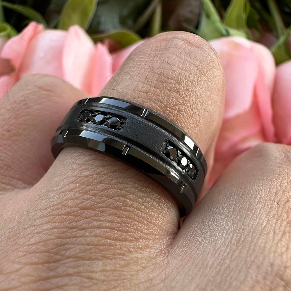 TUTISS 8mm Silver/Black Tungsten Rings for Men Women Promise Engagement Eternity Wedding Bands Black Cubic Zircon Stone Inlay All Around Matte Finish Comfort Fit