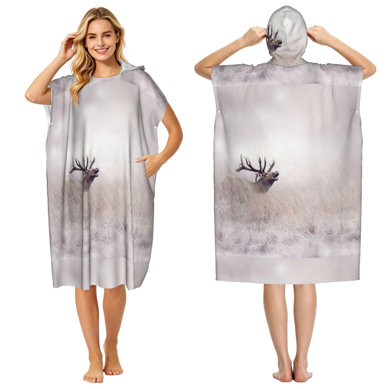 Poadnly Wild Deer Print, Adult Hooded Beach Towel 90 x 110 cm,Changing Bath Robe, Surf Poncho Towel For Women Men
