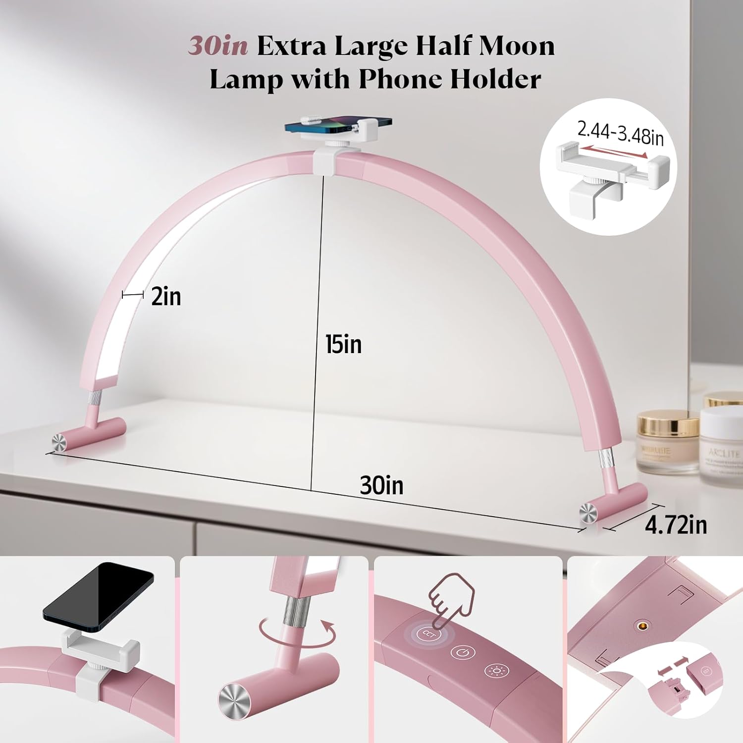 Mznoo Half Moon Light for Nail Desk, 30'' Large Half Moon Desk Lamp with Phone Holder, Professional Nail Tech Light with 3 Color Modes and 5 Brightness for Manicure Salon and Handicraft (Pink)