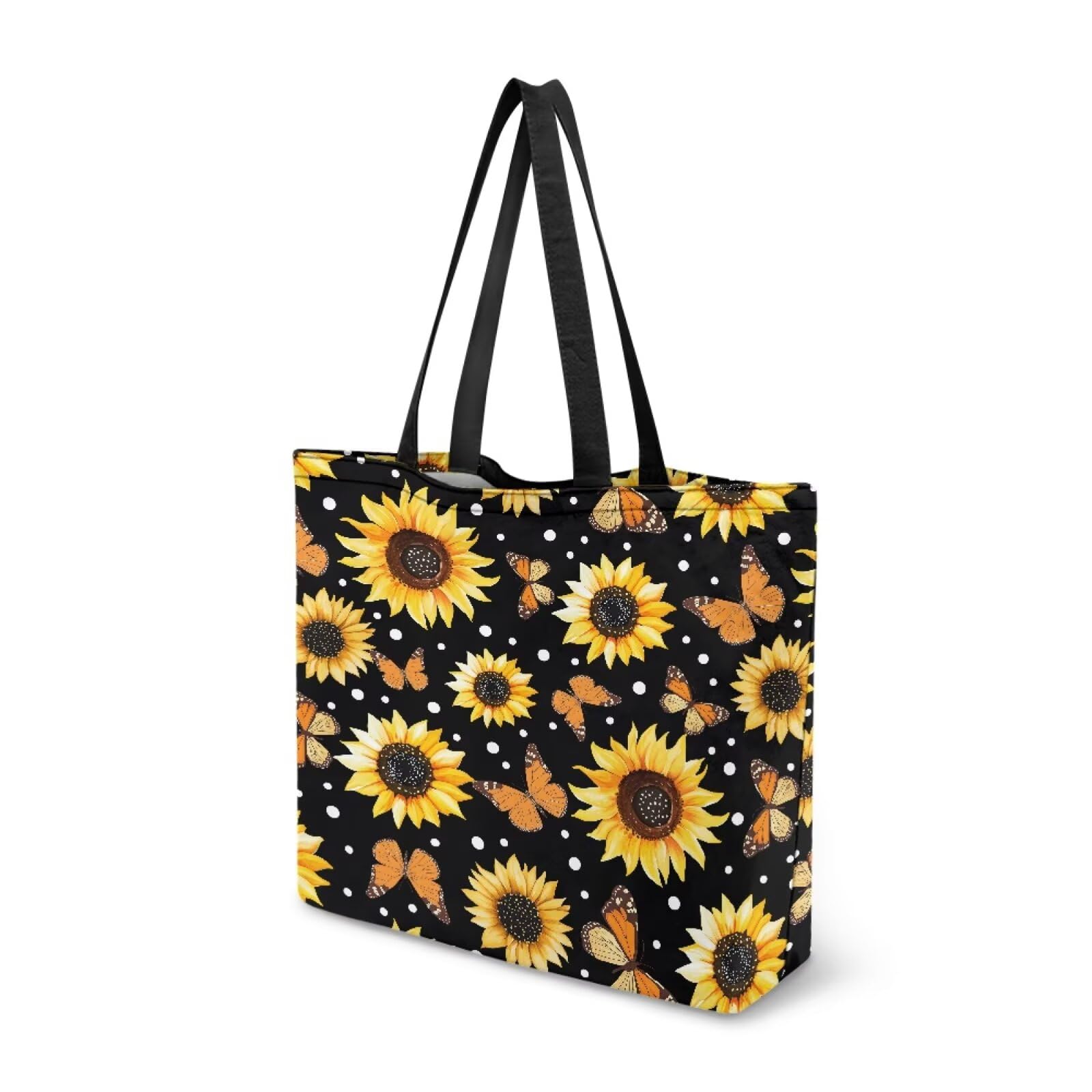 Dngkaoje Sunflower Canvas Tote Bags for Womens Sling Bags Butterfly Print Shoulder Handbag with Inner Pocket Grocery Bags Reusable Shopping Bags Grocery Bag Carrier Large Dirty Clothes Bag — image 1