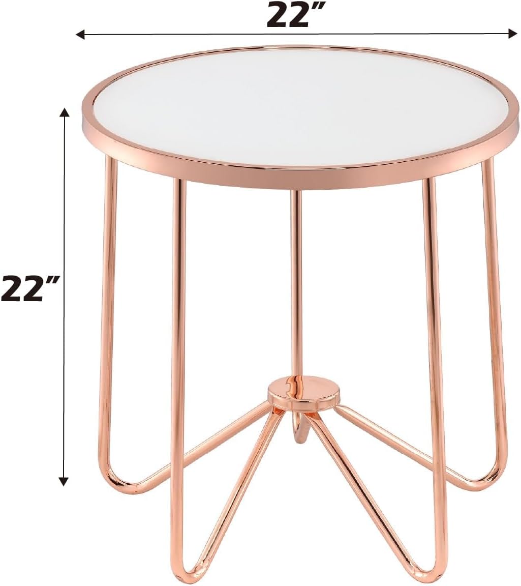 Acme Alivia Round Glass Top End Table in Frosted Glass and Rose Gold