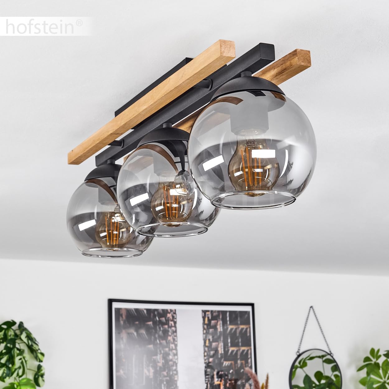 HOFSTEIN Deckenleuchte Podre, Deckenlampe aus Holz/Metall/Glas in Natur/Schwarz/Rauch, Leuchte im Retro/Vintage-Design mit Holzbalken, 3 x E27, Schlafzimmer, Wohnzimmer, Küche, Esszimmer