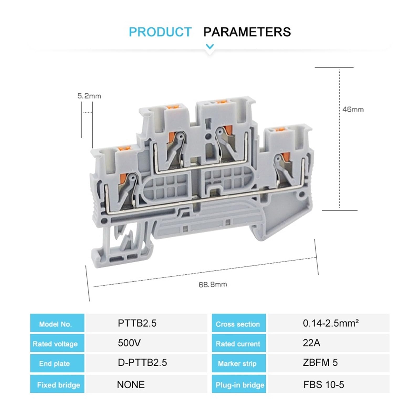 Bornier sur rail DIN PTTB 2.5 Connecteur électrique double niveau à insertion rapide 2 couches 2,5 mm² Fiches de connexion for fil PTTB2.5(1,10 Pcs)
