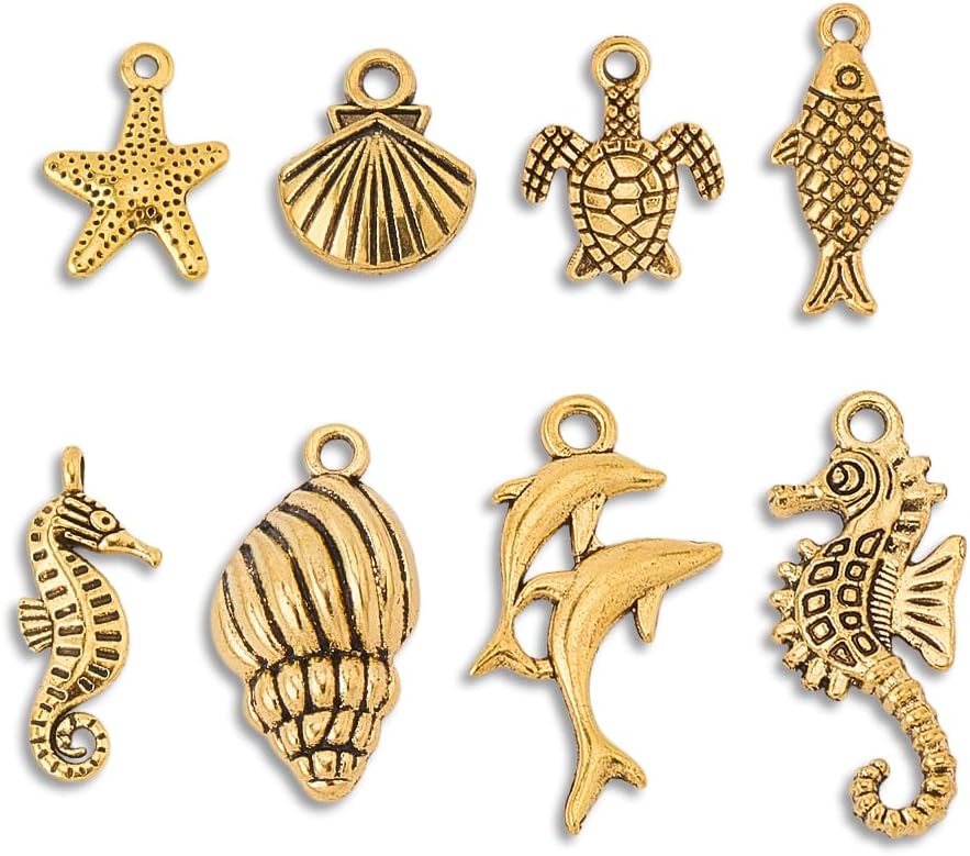 SUNNYCLUE 1 Box 64Pcs 8 Styles Gold Sea Animal Charms Metal Shell Charm Tibetan Alloy Vintage Summer Ocean Animals Turtle Dolphin Dangle Pendants for Jewelry Making Supplies DIY Crafts Necklace - Image 6