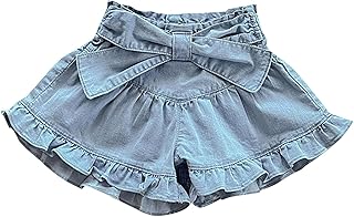 Pantalones cortos de mezclilla acampanados con lazo para bebés y niñas, cintura elástica, con volantes, holgados, para playa, color sólido, plisados, casuales, holgados, para niños y niñas