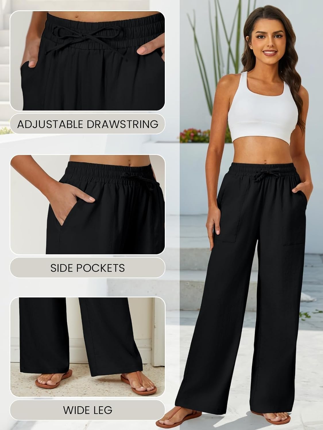 KHIRVWL Pantaloni Lino Donna Pantaloni Larghi Donna Estivi Casual Leggeri Elastico in Vita Elegante Baggy Pants Pantalone da Spiaggia Sportivo Lavoro Vita Alta Pantalone con Coulisse Gamba Larga