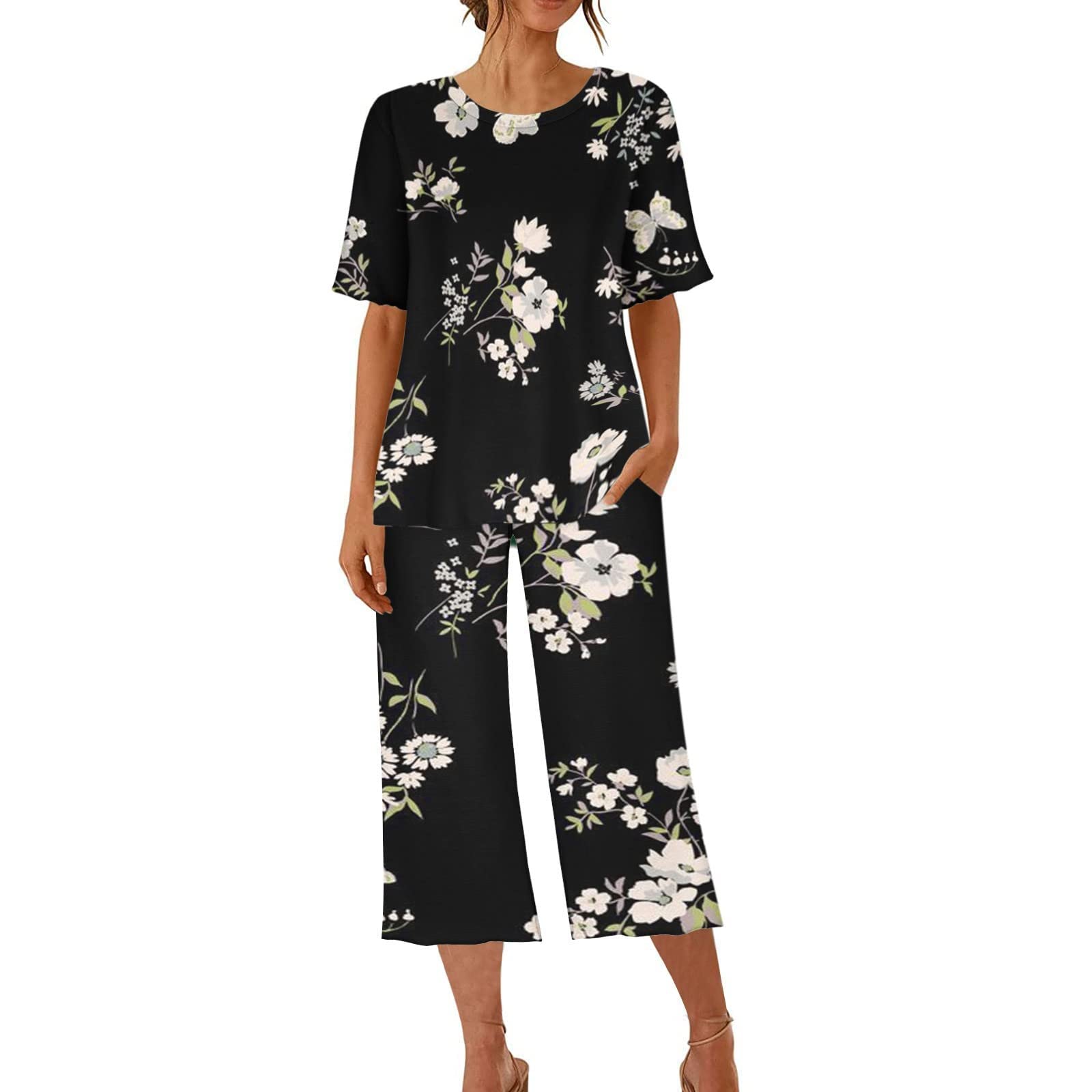 Pyjama élégant pour femme - Imprimé floral - Pyjama 2 pièces | Ensemble de pyjama avec poches - Manches courtes - Col rond et taille élastique - Pantalon de pyjama 7/8