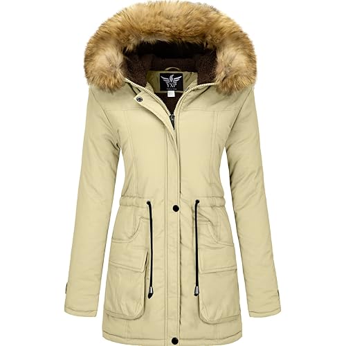 YXP Women's Winter Thicken Military Parka Jacket Warm Fleece Cotton Coat with Fur Hood